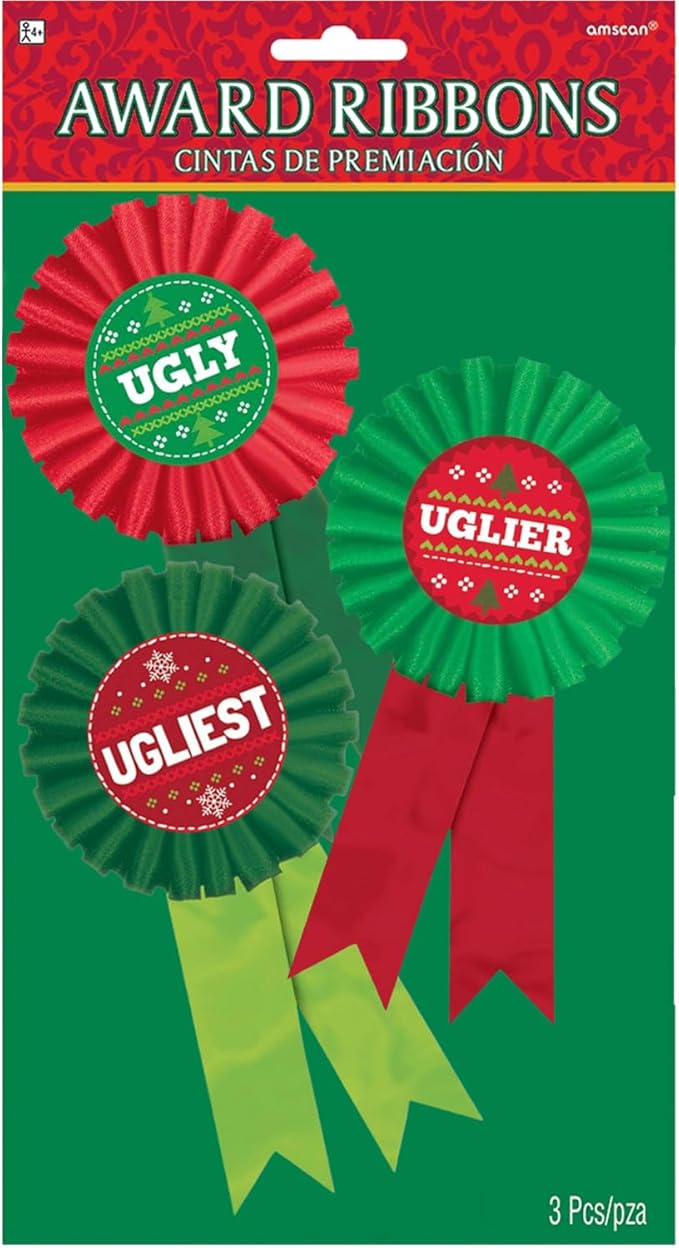 Festive Green & Red Ugly Sweater Contest Award Ribbon -3" x 6" (Set of 3) - Show-Stopping Ribbons - Perfect for Unforgettable Holiday Party Fun & Recognition