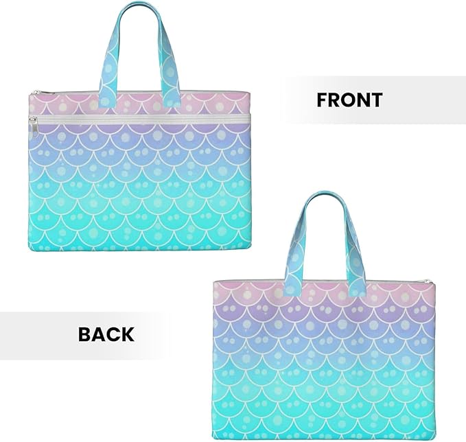 Canvas Zippered Document Bag with Handle, Waterproof Foldable File Storage Pouch Mermaid Scales Pastel Pink Purple Aqua Teal for Office Meetings