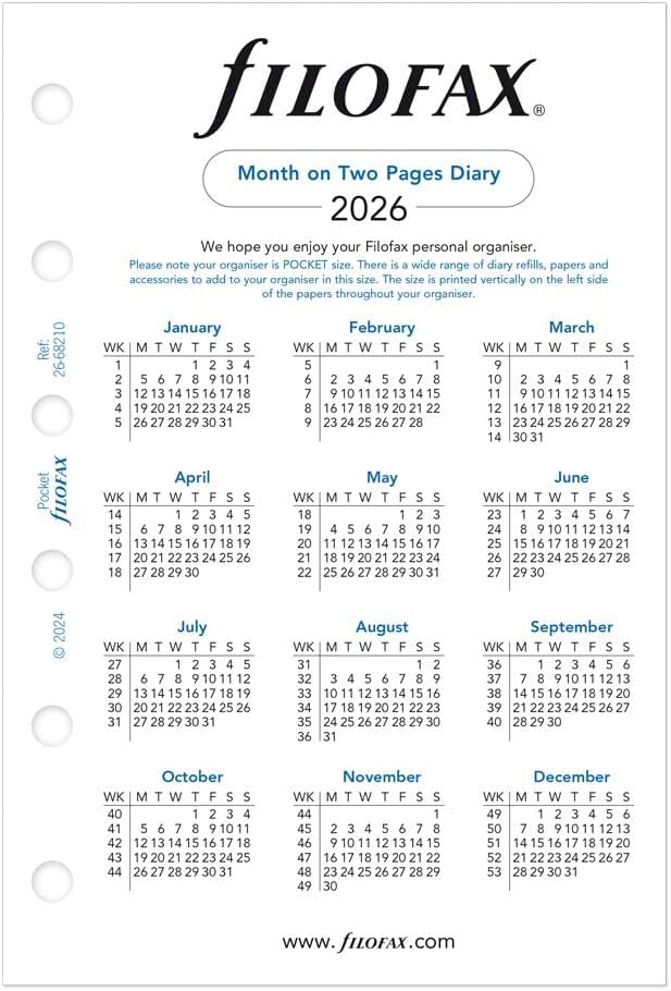 Filofax Calendar Diary Refill, Pocket Size, 4-3/4" x 3-1/4", Month-to-View, White Paper, English, 2026 (C68210-26)