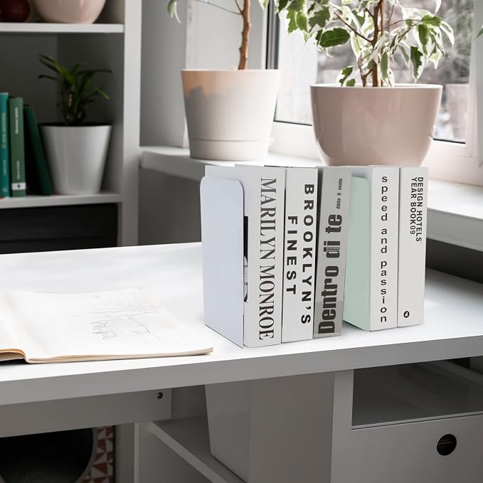 Metal Bookends,4 Pairs/8 Pieces Heavy Duty Bookends for Shelves Heavy Books, Anti-Slip Design Book Stopper for Magazines, DVDs, Kids, Girls(8 x 5.3 x 4 inches)
