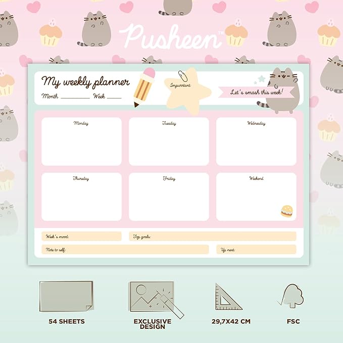 To Do List Notepad Pusheen Calendar A3 | Daily, Weekly Planner | ADHD Planner Pad | 54 Tear-Off Sheets 90 gsm | Pusheen Stationery | Improve Productivity | Task Planner