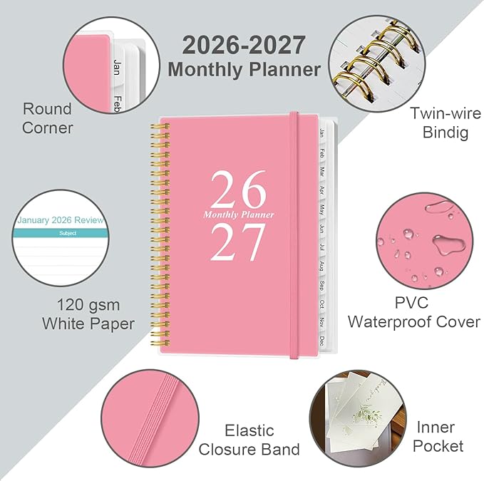 2026-2027 Monthly Planner - January 2026 - June 2027, Two Pages Per Month, 18 Monthly Calendar/Planner with Tabs, Inner Pocket, 6.4" x 8.5", Pink