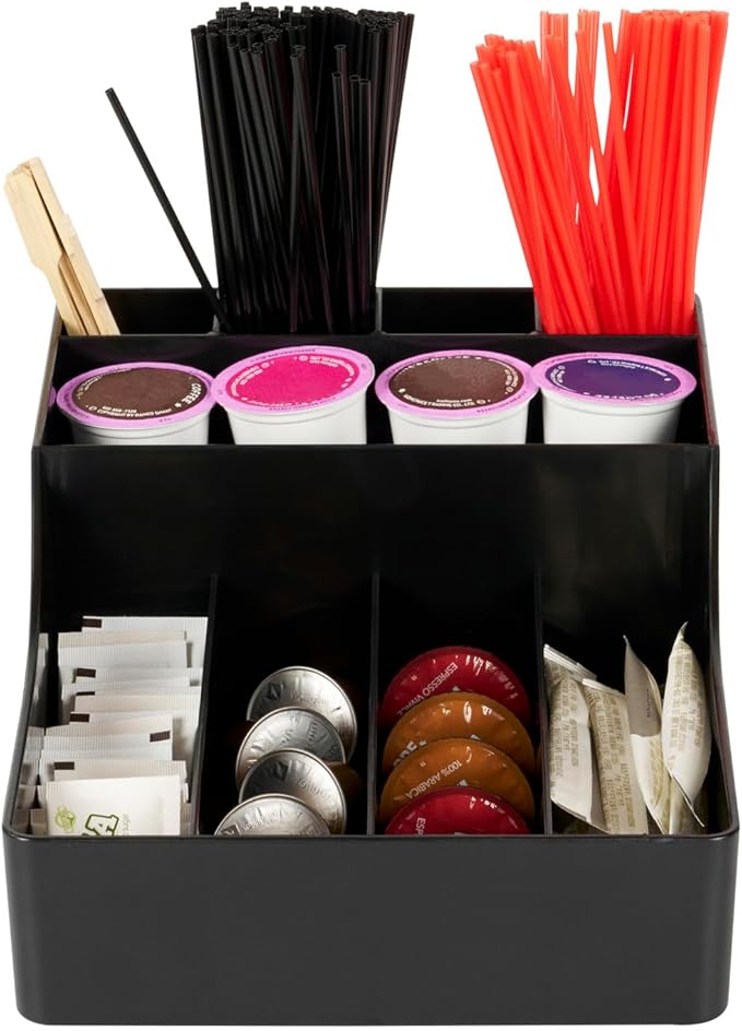 Restaurantware Restpresso Coffee Bar Organizer, 1 Count Durable 9 Compartments, Compact Size, Black Plastic Tabletop Coffee Supplies Organizer For Homes, Office Spaces, Breakrooms, and Lounges