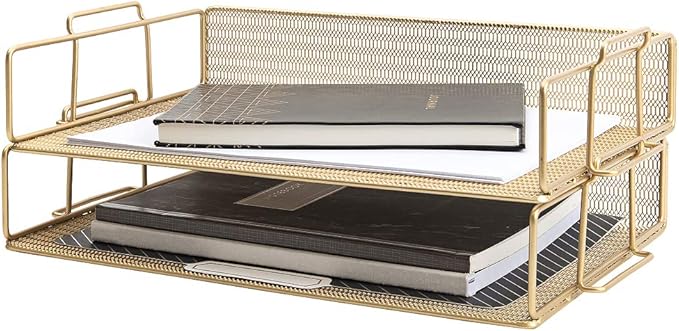 BLU MONACO | Paper Tray Stackable Gold Mesh Set of 2 | Stackable File Trays for Desk Organization | Tiered Desk Organizer with Metal Letter Trays