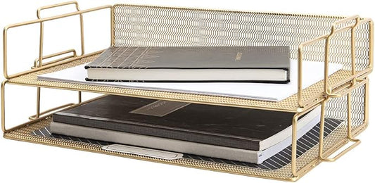 BLU MONACO | Paper Tray Stackable Gold Mesh Set of 2 | Stackable File Trays for Desk Organization | Tiered Desk Organizer with Metal Letter Trays