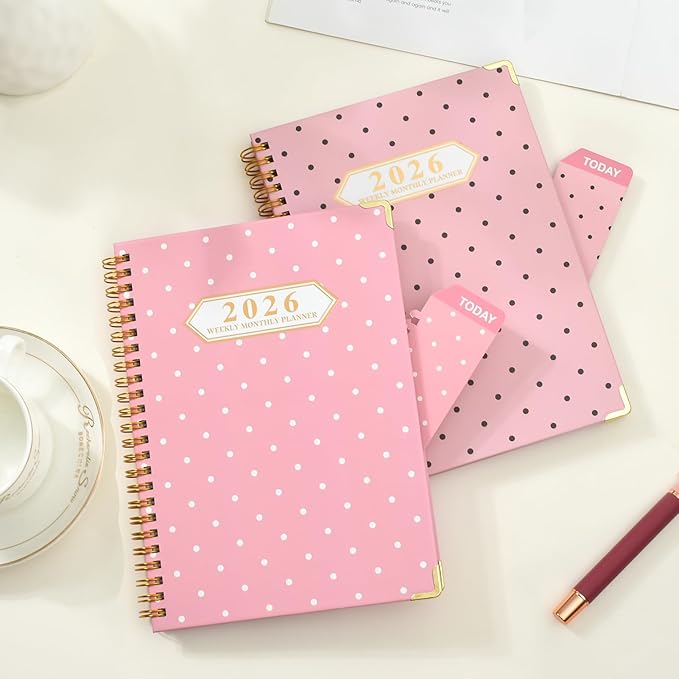 2026 Monthly Planner, Jan.2026 - Dec.2026 Weekly Planner 6.25"x8.5" with Page Tabs, Calendar Hardcover with Inner Pocket, Elastic Band, Twin-Wire Binding, Bookmark, White Pink Polka Dots