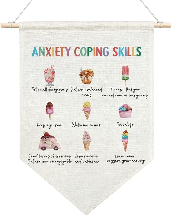 Anxiety Coping Skills Canvas Hanging Pennant Flag, Mental Health Therapy Office School Counselor Room Decor, Calm Down Corner Flag, Emotional Gifts for Family Friend Coworker BFF