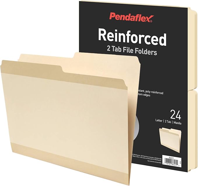 Pendaflex Reinforced File Folders, Extra Durable, Poly Reinforced Edges, Manila, Letter Size, 1/2 Cut Tabs, 24 Per Pack (86221)
