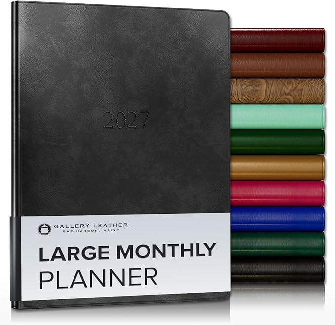 Gallery Leather Large Monthly Planner 2027, Elegantly Bound Calendar Planner and Notebook with Stylish Gold-Gilded Page Edges, 18 Months - Acadia Black - 9.75x7.5"