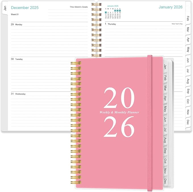 2026 Planner - A5 Weekly & Monthly Planners Spiral Bound, January 2026 - December 2026, 2026 Planner with Flexible Cover, Tabs, Inner Pocket, 6.4" x 8.5", Pink
