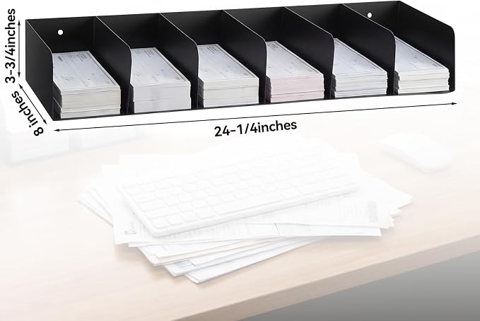 Gisafai Metal Check Sorter Organizer 6 Pockets, 16 x 3.75 x 8 Inch Black Steel Document Holder Wall Mountable, Heavy Duty Countertop Receipt Storage Rack for Bank, Office, Retail, Restaurant