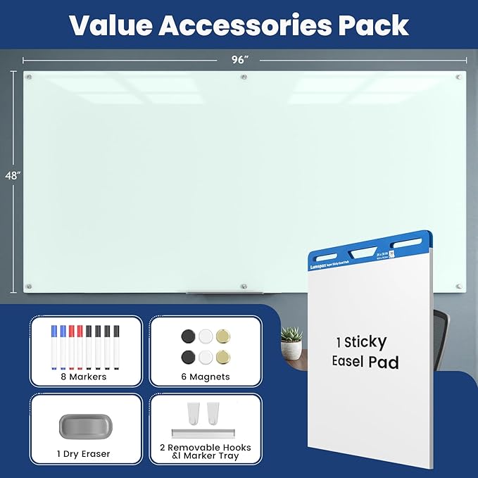 0.4mm Reinforced Metal Backing Glass White Board for Wall, 96" x 48" Extra Large Magnetic Tempered Glass Dry Erase Board with Frameless Design, 8' x 4' Glass Board for Home, Office, School