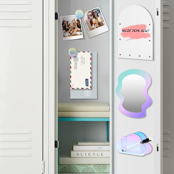 Locker Accessories Iridescent Set, (Acrylic Magnetic Whiteboard, Irregular Mirror, Pen Holder, Marker, Magnetic Clips) School Locker Decor, Work Locker Organizers