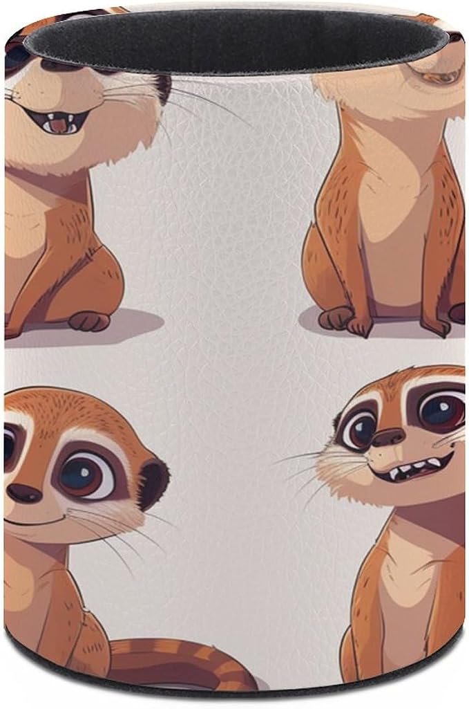 Comic Meerkat Pencil Holder Round Pen Cup Funny PU Leather Marker Holder Makeup Brush Holders Desk Accessories Workspace Organizers for Home School Office