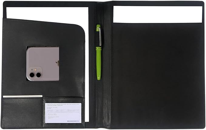 Leather Portfolio Folder Padfolio, Business Padfolio Organizer Document Planner Portfolio Binder Storage Pocket for Legal Pad Holder Paperwork Phone Men Women (Black)
