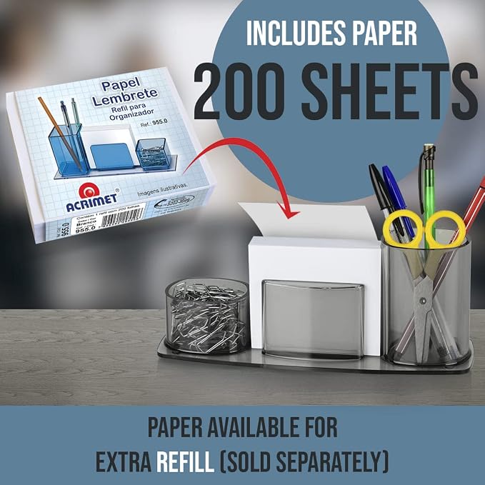 Acrimet Millennium Desk Organizer Cup Caddy – Plastic Desktop Holder for Pen, Pencil, Clips, Desk Accessories & Memo Paper – Includes 200 Sheets of Memo Paper (Clear Gray Color)