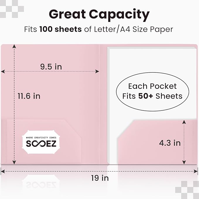 Sooez 6Pack Folders with Pockets, Pocket Folders with Extra Labels, Plastic Folders with Pockets, 2 Pocket Folders Bulk, Heavy Duty File Folders, School Folders Business Folder Office Filing Supplies