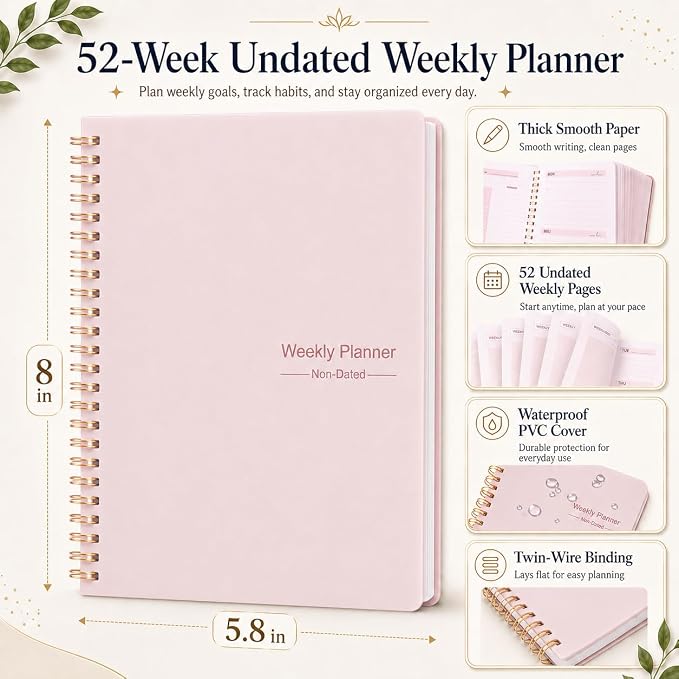 Undated Weekly Planner Notebook, 52-Week To-Do List Organizer with Weekly Goals, Habit Tracker and Priority Planner, Spiral Bound 5.7" x 8" Planner for Women and Men
