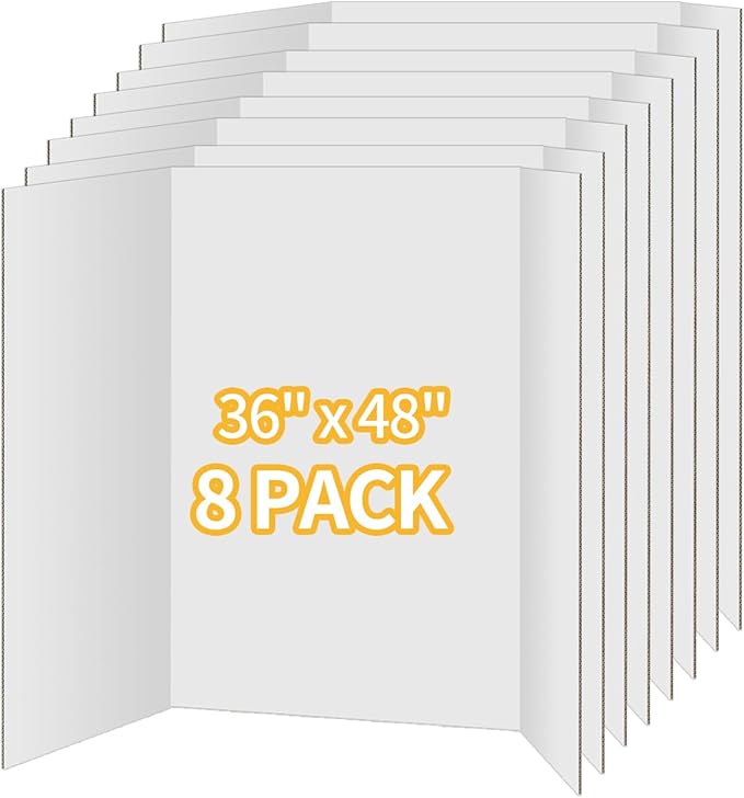 8 Pack Trifold Poster Board 36"x48" - White Foldable Corrugated Display Board, Tri fold Presentation Board, Extra Large Project Boards for School Projects, Science Fair, Graduation Exhibitions