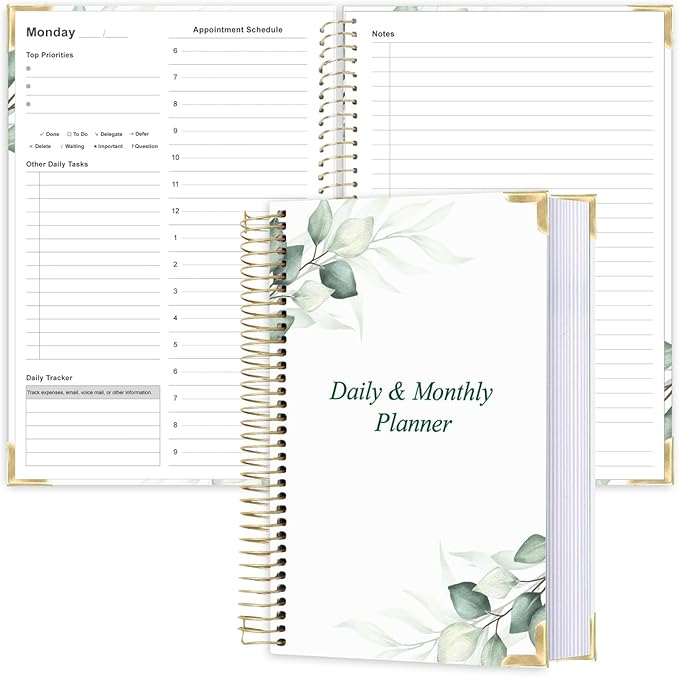 Undated Daily Monthly Planner for 2026 or Anytime - A5 To Do List with Hourly Schedule, Hardcover Spiral Bound Daily Planner to Increase Focus, Stylish School/Office Supplies, 5.8" x 8.5", Green Leaf