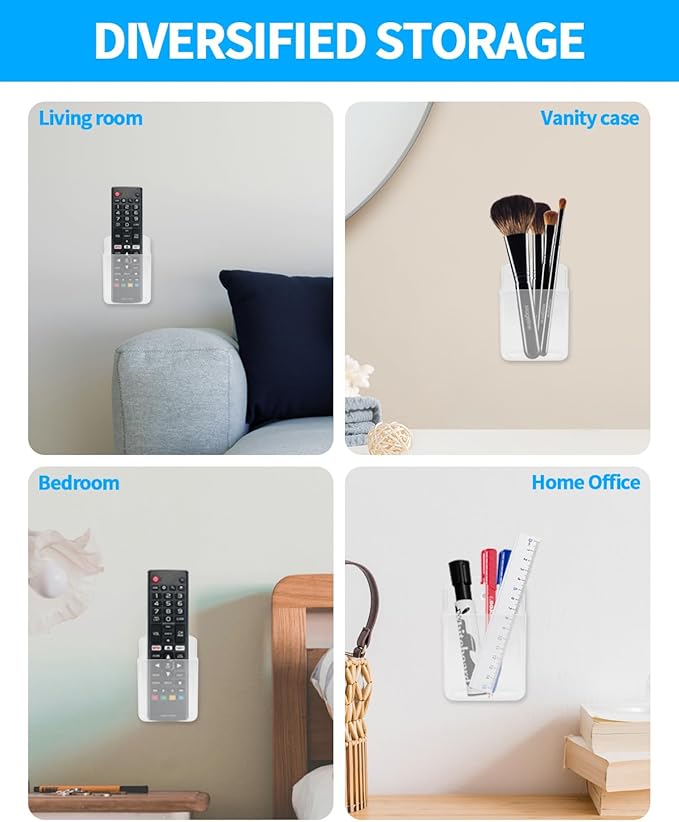 2 PCS Remote Control Holders Wall Mount, Self Adhesive TV Air Conditioner Remote Control Holder, Wall Mount Storage Box Organizer Wall Pen Holder Storage for Home Office School (Clear)