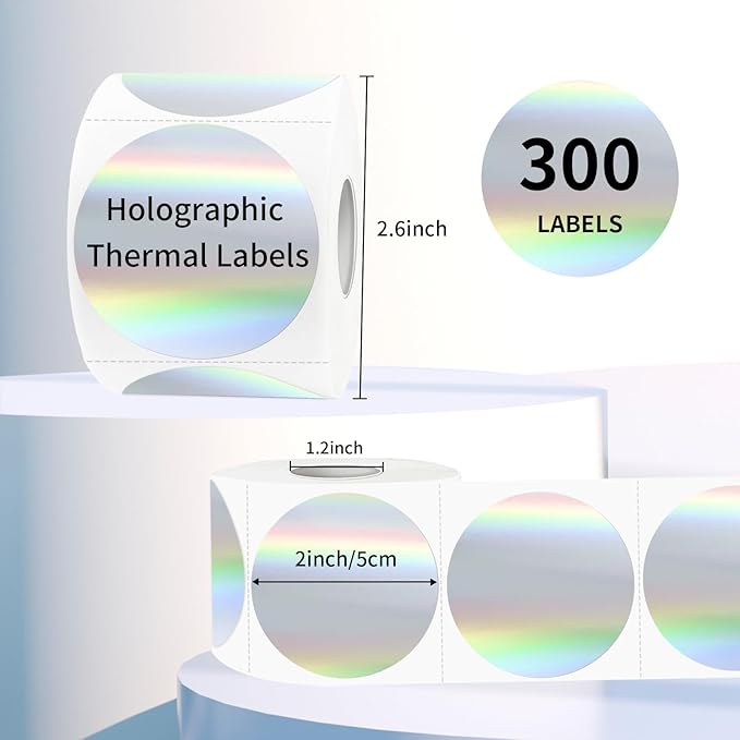 2 Inch Holographic Thermal Labels, Circle Direct Thermal Labels Stickers, Self-Adhesive Round Thermals Printer Label for DIY Logo Design (300Pcs, Holographic Silver)