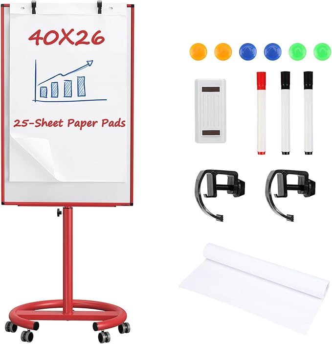 Mobile Dry Erase Board on Wheels, 40x26 Inches Portable Mobile Whiteboard, Magnetic Standing White Board with Flip Chart Paper, Rolling Dry Erase Board for Classroom, School, Office, Home