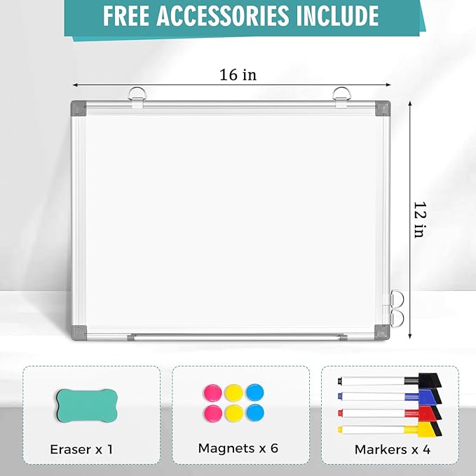 Dry Erase Board White Board, 16'' x 12'' Double-Sided Magnetic Whiteboard for Wall, Hanging Mounted Whiteboard Silver Aluminium Frame for Home, School, Office, Kitchen