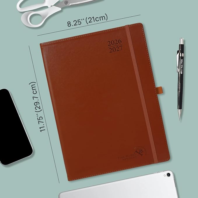 POPRUN Planner 2026-2027, Weekly And Monthly Planner (A4 Size 8.25" x 11.75"), 15-Minute Hourly Planner & Appointment Book (Jul 2026 - Jun 2027), Monthly Tabs, Inner-pocket - Brown