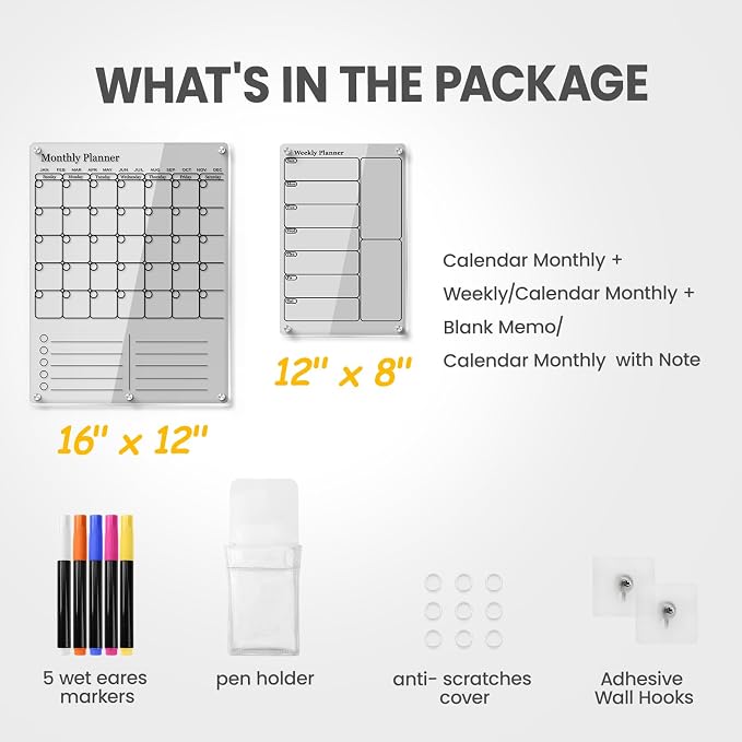 IDEATECH Calendar 2025 Planner for Fridge & Wall, Acrylic Magnetic Calendars for Refrigerator, Clear Monthly Dry Erase Board to Do List WhiteBoard, Kitchen Menu Board Meal Planner(2 Pack, Black)