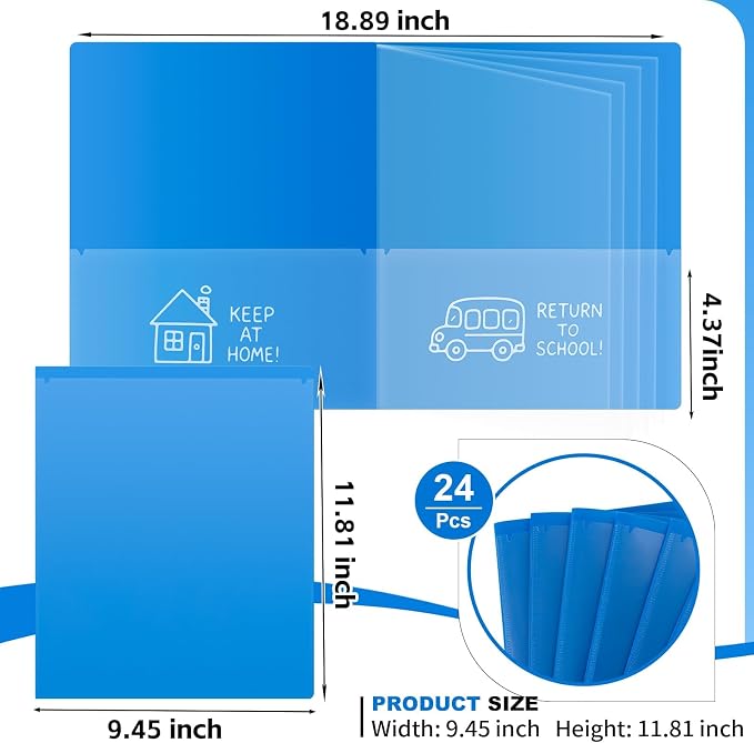 24 Pcs Back to School Take Home Folders for Elementary Students 2 Pocket Folders with Clear Front Pocket 4 Inner Pockets Parent Teacher Communication Folder Plastic Homework Folder 11.81 x 9.45 Inch