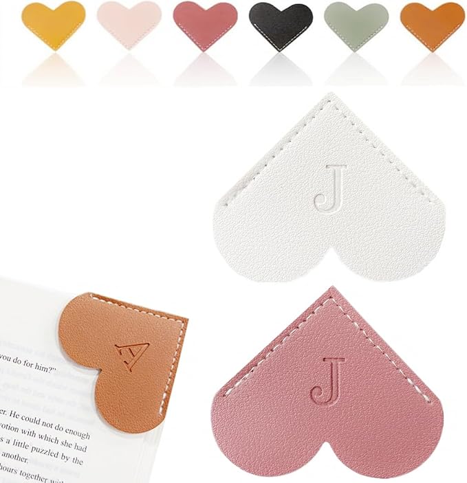 Personalized Leather Heart Bookmark, 26 Letters Customized Corner Book Mark for Reading Women, Book Marker with Initials，Cute Gifts (White+Deep Pink, J)