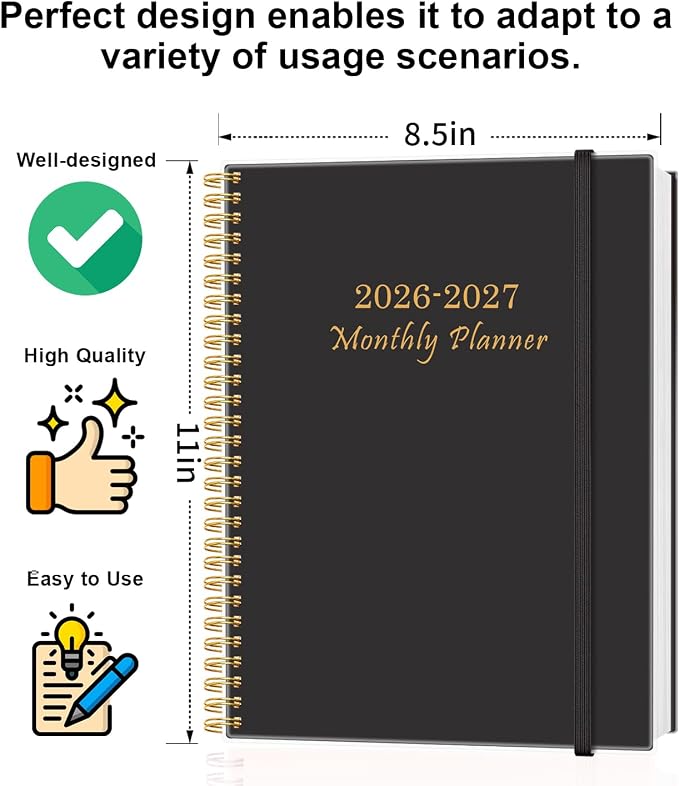 Monthly Planner 2026-2027 – Monthly Calendar from Julyl 2026 to December 2027, 18 Month Planner with Spiral Binding, Inner Pocket, Elastic Closure, 8.5" x 11", Black