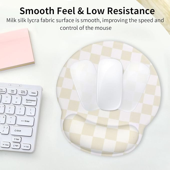 Retro Checkered Mouse Pad with Support Wrist Rest,Cute Funny Boho Ergonomic Mouse Pad with Non-Slip Base for Office Gaming Working Computers,Desk Accessories Pain Relief,Beige