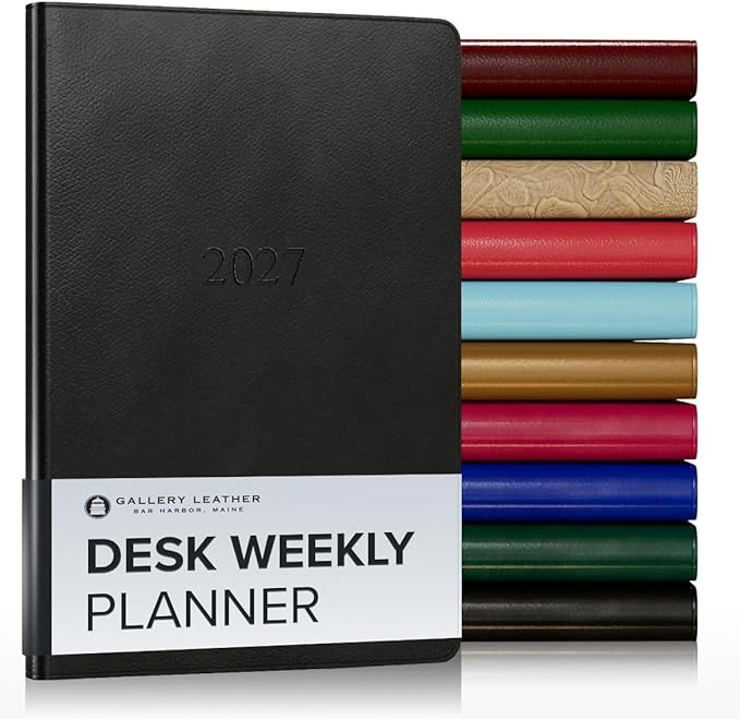Gallery Leather Desk Weekly Monthly Planner 2027, Elegantly Bound Calendar Planner and Notebook with Stylish Gold-Gilded Page Edges, 12 Months - Monhegan Black - 8x5.5"