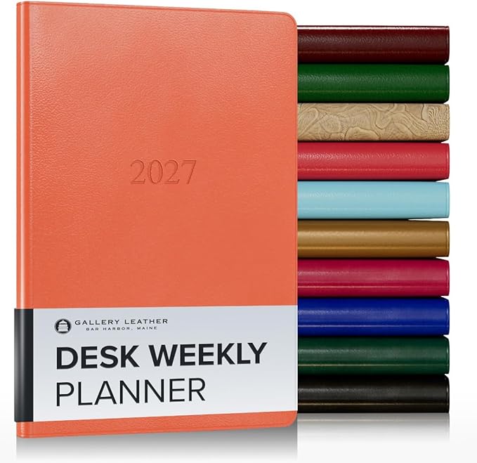 Gallery Leather Desk Weekly Monthly Planner 2027, Elegantly Bound Calendar Planner and Notebook with Stylish Gold-Gilded Page Edges, 12 Months - Caribbean Sunset - 8x5.5"