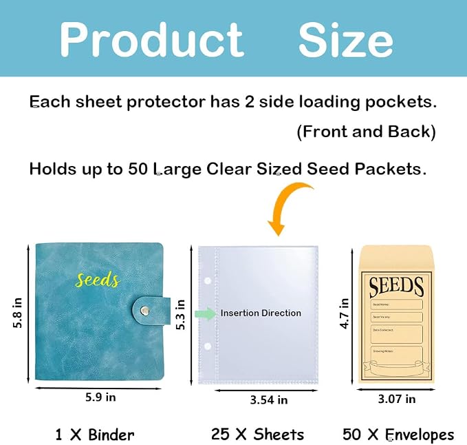 Seed Storage Organizer Binder, PU Seed Packet Organizer with 50 Clear Pockets(25 Pack Sheet Sleeves) and 50 Pack Seed Envelopes, Garden Seed Holder Book, Flower Plant Seed Keeper Blue