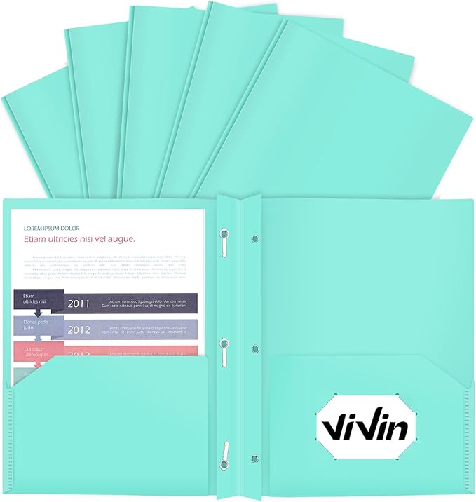ViVin 12-Pack Pastel Color Folders - Durable Plastic Folders with 2 Pockets and 3-Prong Fasteners, Cute for School, Home and Office (Light Green)