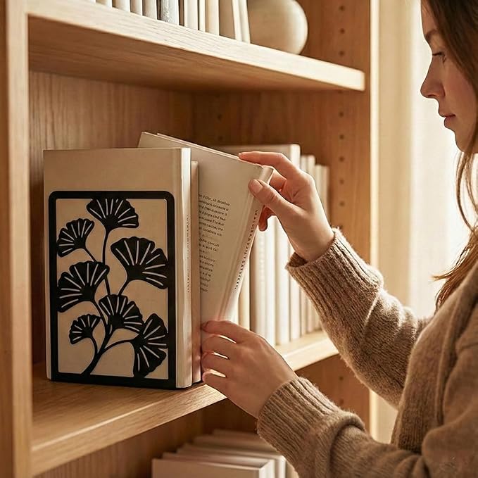 Decorative Bookends, 2 Pcs Ginkgo Leaf Desk Bookends Sturdy Metal Book Organizers for Home Office and Study Room