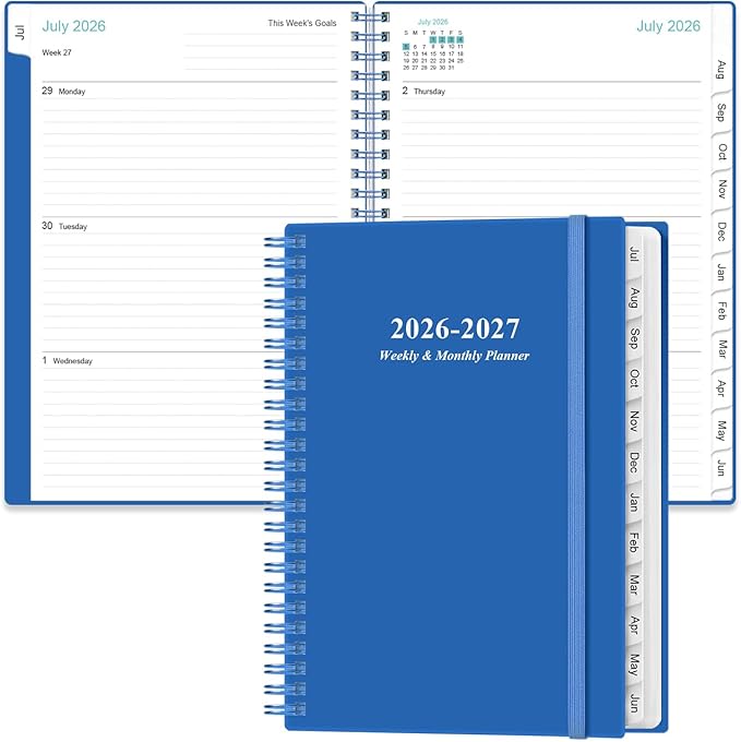 2026-2027 Planner - Planner 2026-2027 from July 2026 - June 2027, Weekly & Monthly Planner Spiral Bound with 12 Monthly Tabs, Inner Pocket, 6.4" x 8.5", Blue