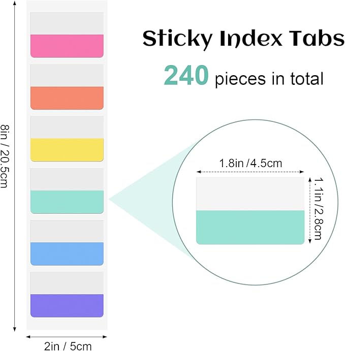 240PCS Sticky Index Tabs, Colored Strip Page Markers, Writable and Repositionable File Tabs Flags for Pages, Reading Notes, Classify Files, 12 Colors(1.8x1 inch)