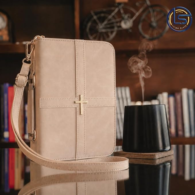 Bible Cover Case for Women (U.S. Patent Pending), Elegant & Practical Bible Case with Shoulder Strap, Light Beige PU Leather Bible Cover, Feminine Bible Bag, Soft Bible Covers for Ladies