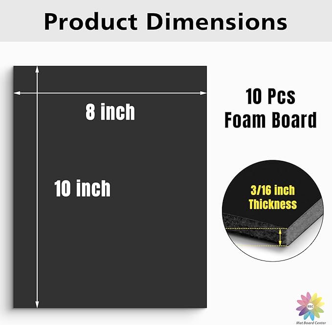 Mat Board Center Premium Black Foam Core Board - 8x10 Inches 3/16" Thick - 10 Pack - Acid-Free - Ideal for Mounting, Crafts, Art, and Presentations