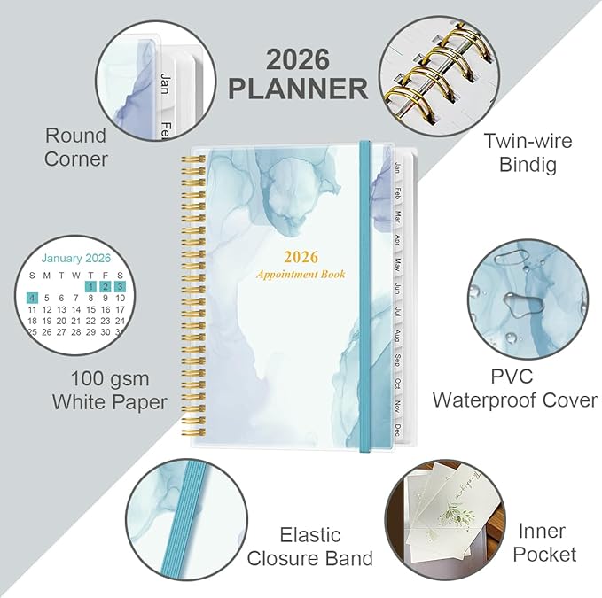2026 Appointment Book & Planner - Hourly Planner from January 2026 -December 2026, Weekly Appointment Book 2026 with 30-Minute Interval, 6.4" x 8.5", Blue Watercolor