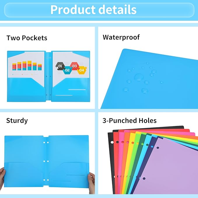 EOOUT Binder Folders 10pcs Colored File Folders, Plastic Folders with Pocket and 2 Business Card Slot, 3 Hole Punch Poly Folders Fits in 3 Ring Binder for School Office