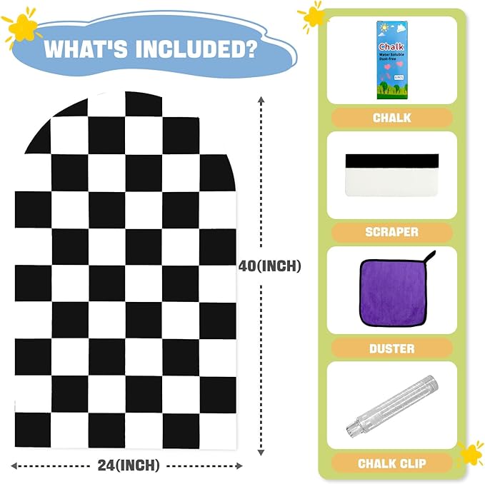 Magnetic Chalkboard Wall Decal 24''x40'' Arch - Removable Reusable Peel and Stick (No Wall Damage) Extra Strong Magnetism - Easy Clean Chalkboard for Home Office Playroom (Black White Checker)