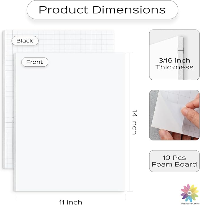 Mat Board Center, Pack of 10, 11x14 Self Adhesive Foam Board for Picture and Poster Mounting, Lightweight White Color Foam Board for Crafts, Artworks, 3/16 inches Thick