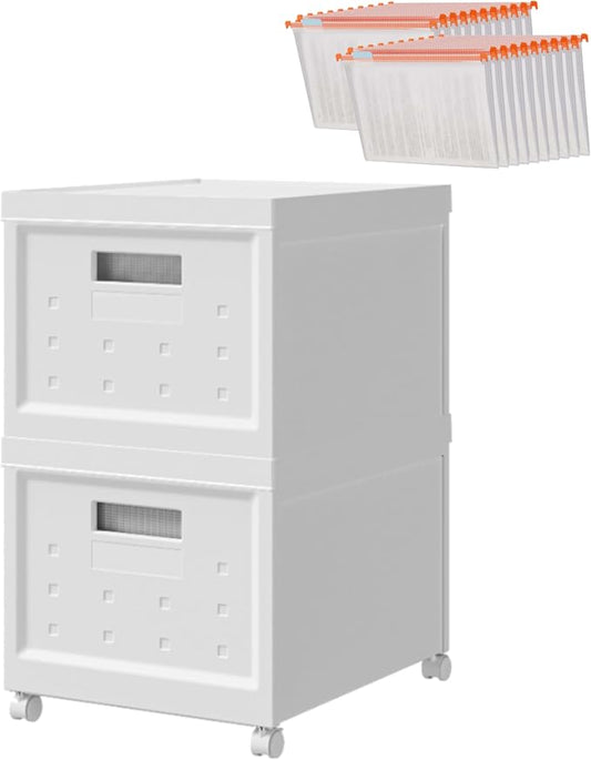 Collapsible Stackable Rolling File Boxes with Lids and 10 Hanging Files, Portable Plastic Storage Organizer with wheels for Home or Office, 2-Pack