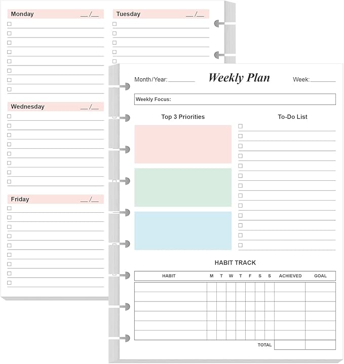 (2-Pack) 9 Disc Weekly Planner Undated Refills - Classic Size 106 Sheets/212 Pages Colorful Weekly Planner for Happy Planners Insert, 100 gsm White Paper, Lasts 2 Year, Undated, 7" x 9.25"
