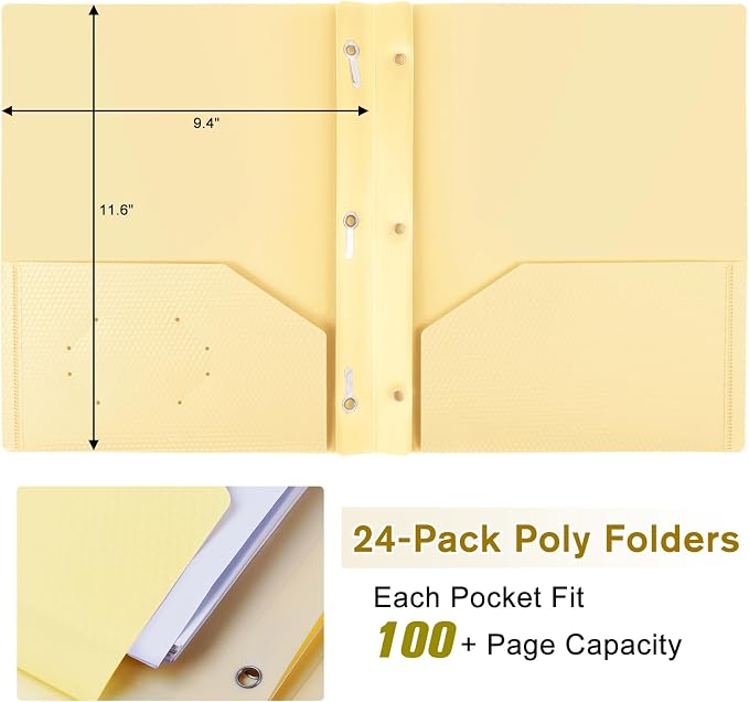 24-Pack Plastic andPockets and Prongs,2-Pocket and3 Fasteners, Pastel Folders Holds 8-1/2" x 11" Paper for School/Office/Home, Yellow